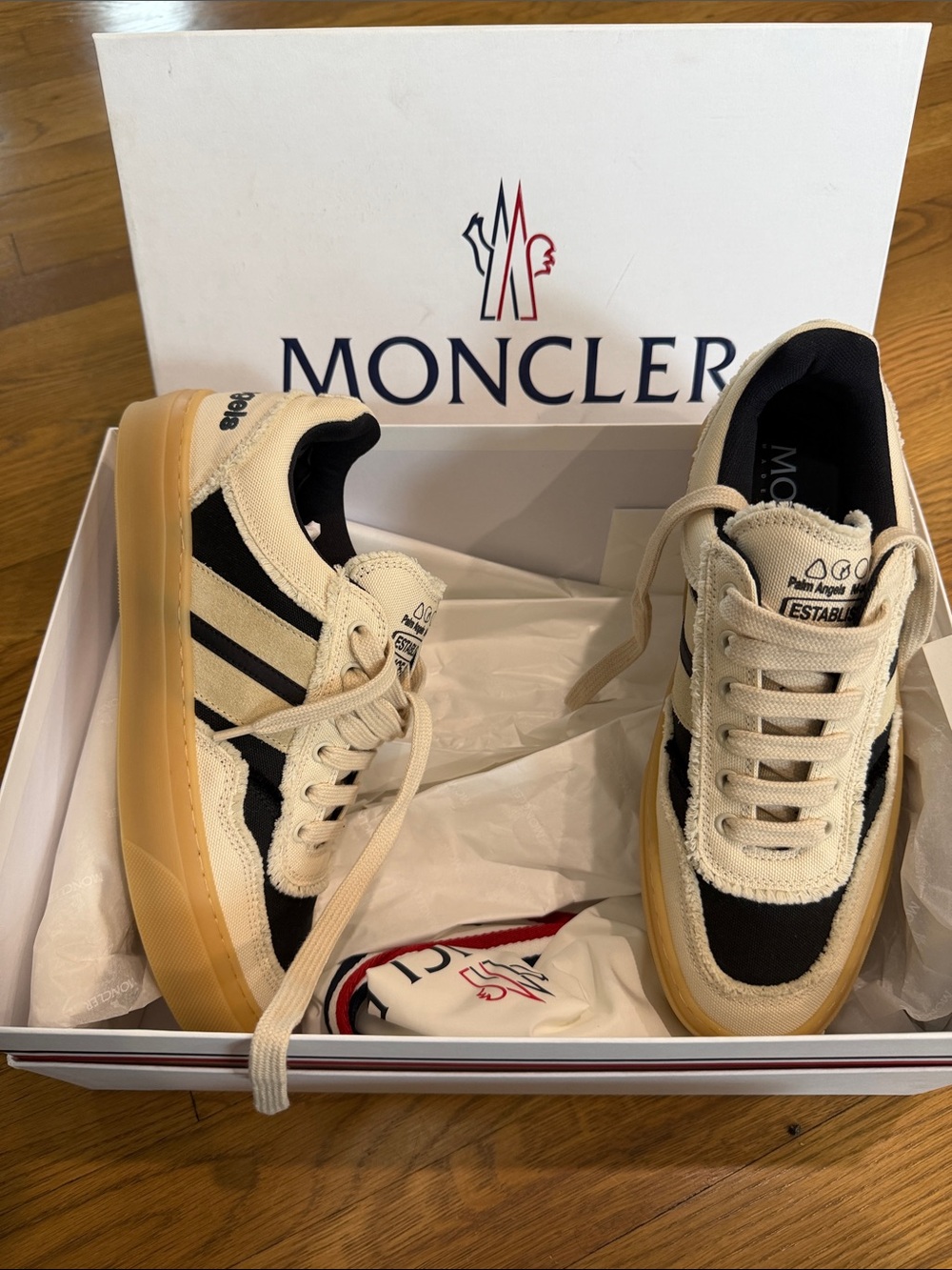 Moncler and Palm Angel Collab Black and Cream Low-Top Sneakers with Gum Sole